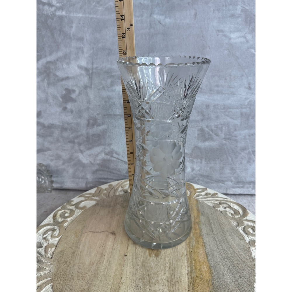 Vintage Etched Cut Glass Floralâ Trumpet Vase Scalloped Rim Clear 10 Inch